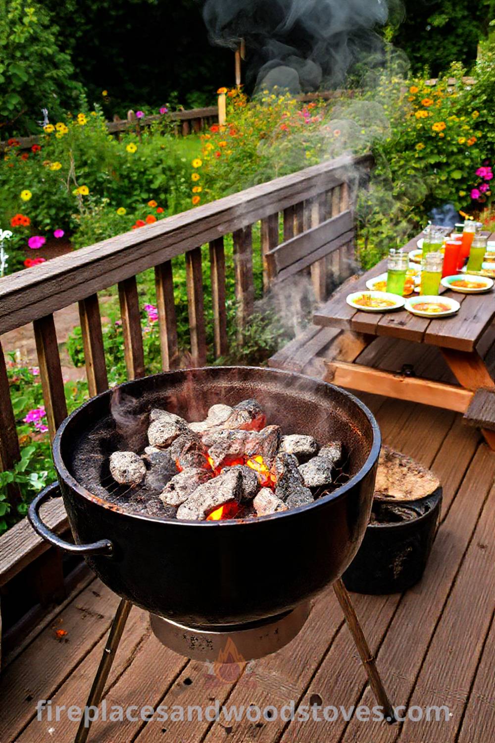 Classic charcoal grill on a wooden deck surrounded by a vibrant garden, with a picnic table filled with colorful dishes, creating a cozy and inviting BBQ scene for gatherings. Visit patioandhomefurniture.com for incredible outdoor design inspiration.