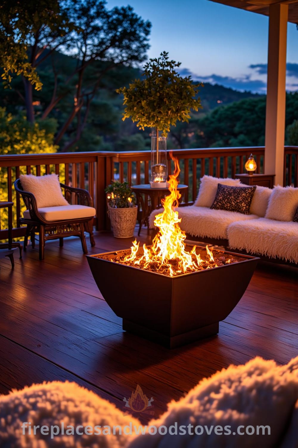 Art Deco fire pit on a stylish terrace, featuring bold geometric design and warm flickering flames, surrounded by plush seating that enhances the cozy atmosphere, perfect for design ideas and inspirations for your home, available at fireplacesandwoodstoves.com.