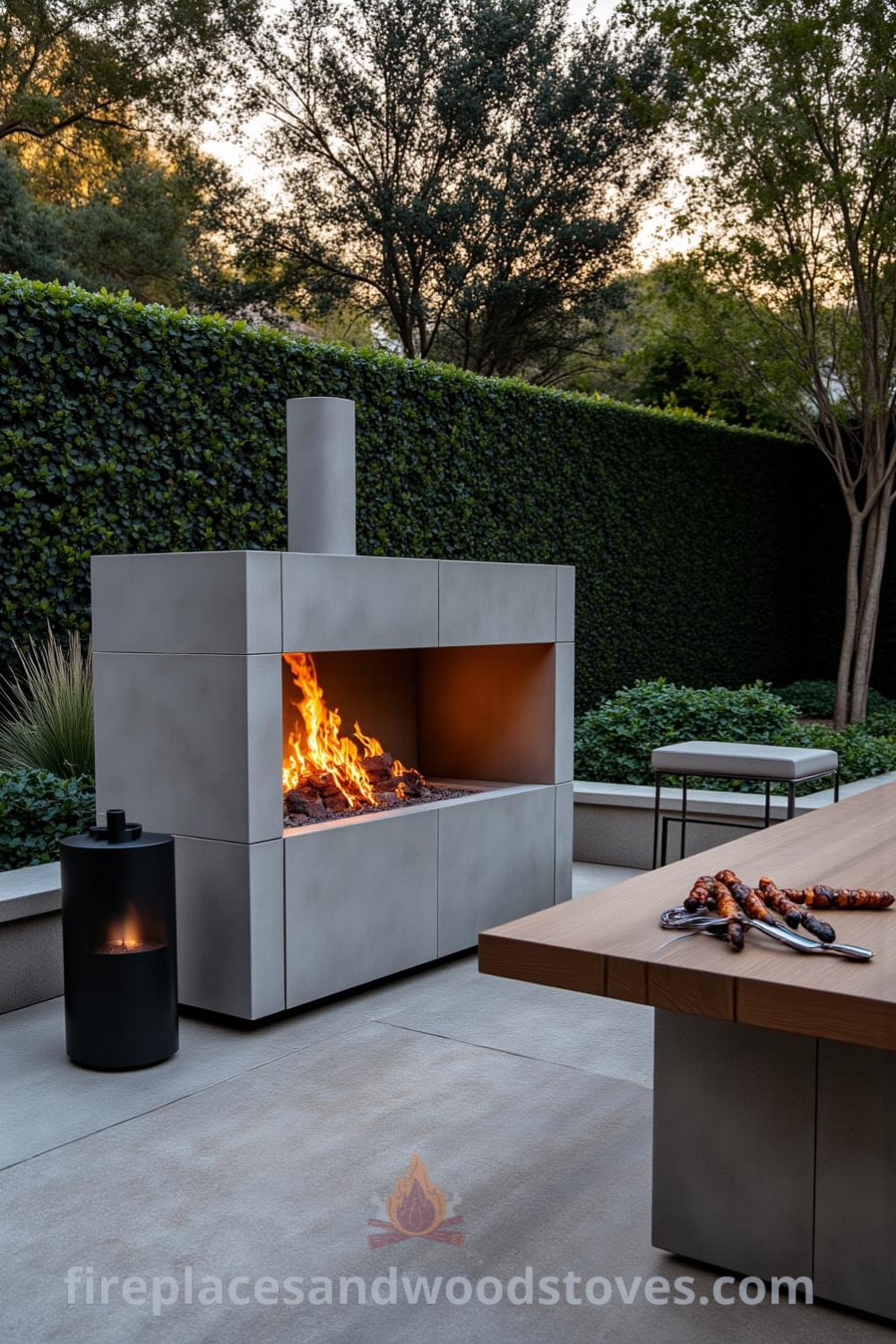 Modern concrete barbecue on a stone patio surrounded by greenery, flickering flames in the firebox, charred skewers on the grill, and a wooden dining table, creating a cozy atmosphere for outdoor entertaining at fireplacesandwoodstoves.com.