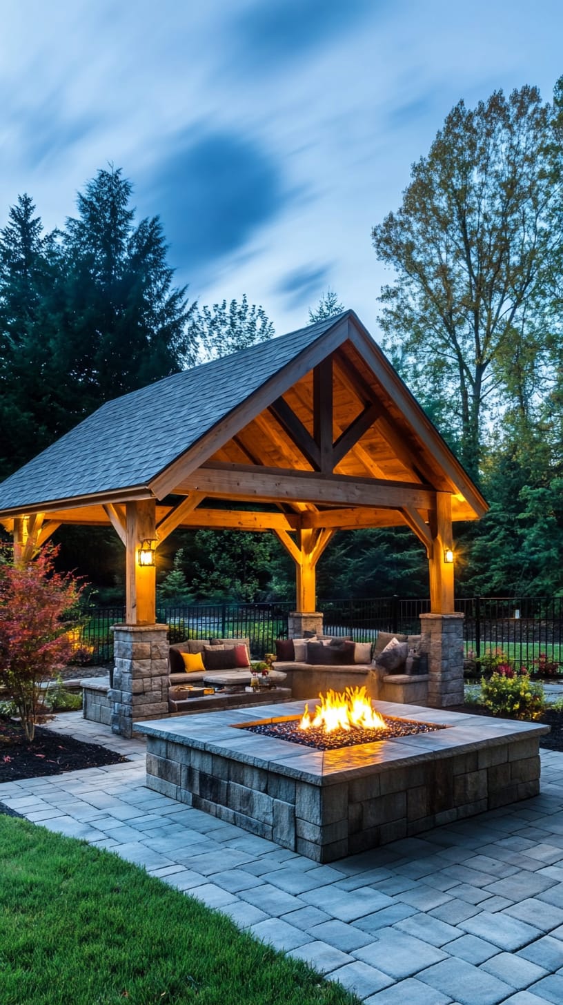 A rustic wooden pavilion with a large fire pit surrounded by elegant seating and paved hardscapes in a cozy outdoor living space at dusk.