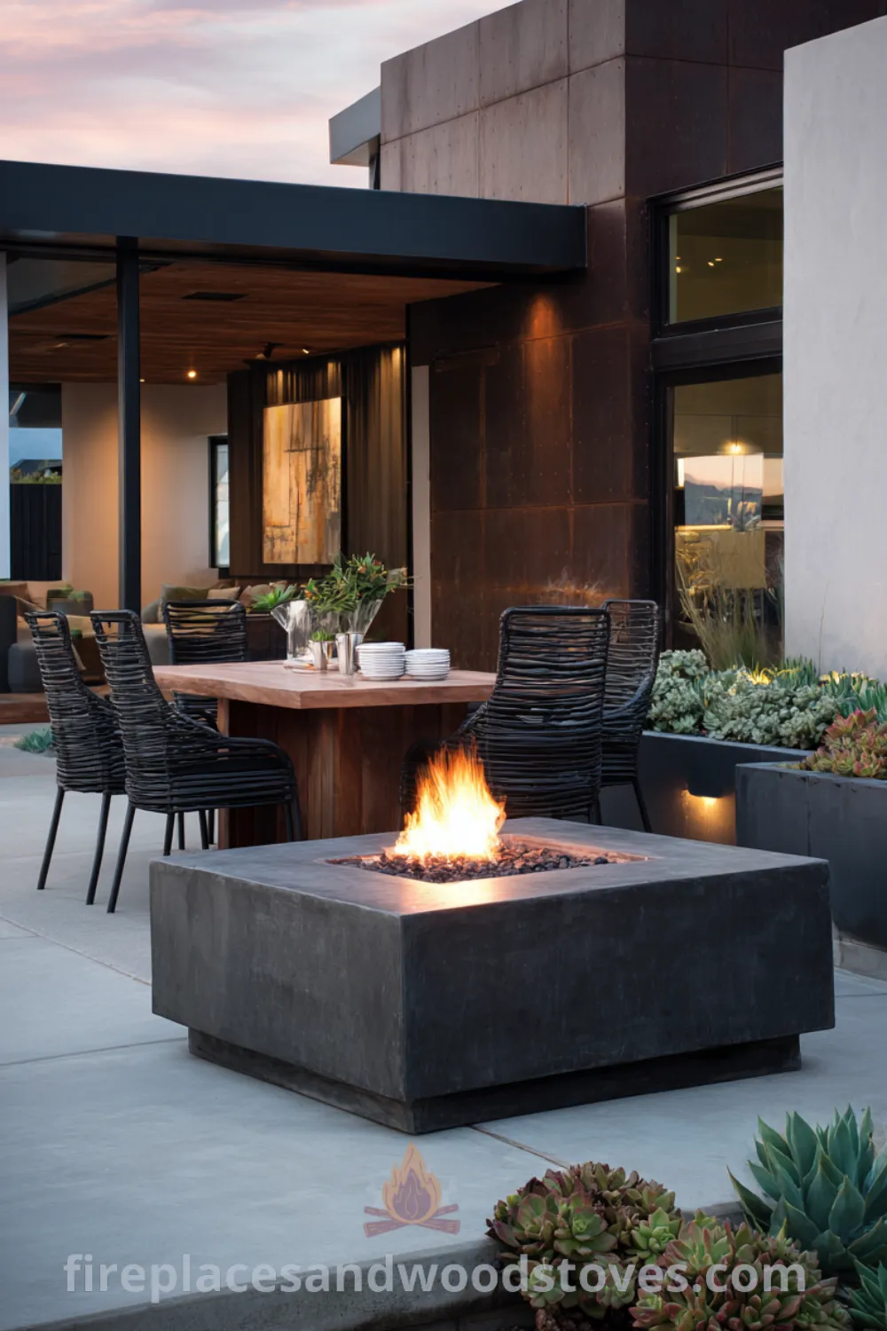 Outdoor dining area featuring a modern minimalist fire pit, sleek design, simple succulent landscaping, and inviting glow evening ambiance.
