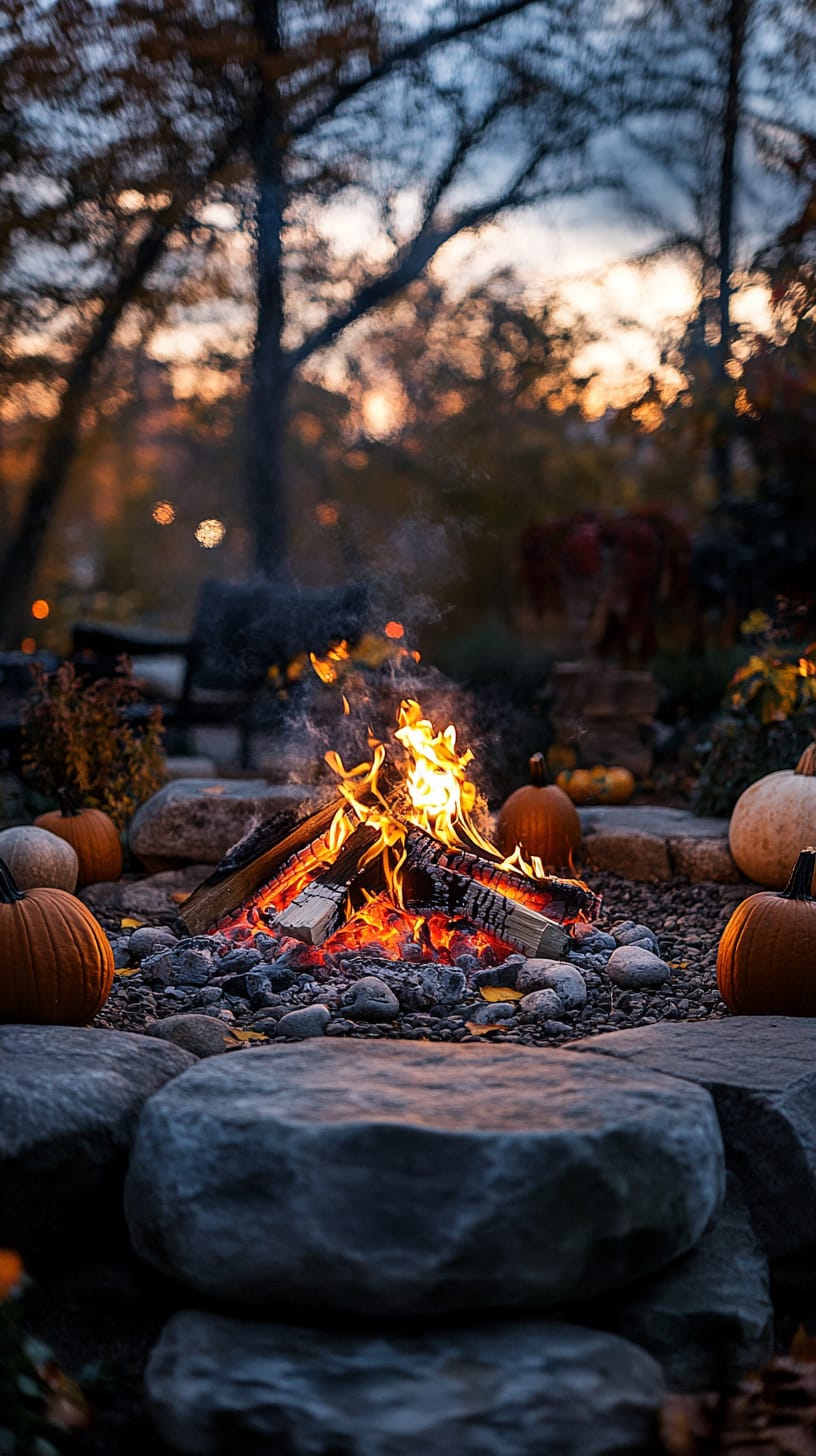A cozy bonfire surrounded by pumpkins and autumn foliage, creating a warm atmosphere ideal for gatherings in an outdoor living space.