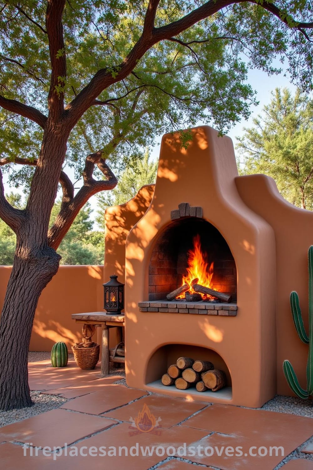 Cozy adobe outdoor barbecue nestled under a mesquite tree in a desert setting, featuring a firebox with crackling flames, rustic wooden benches, and cacti, creating an inspiring scene for gatherings at fireplacesandwoodstoves.com.