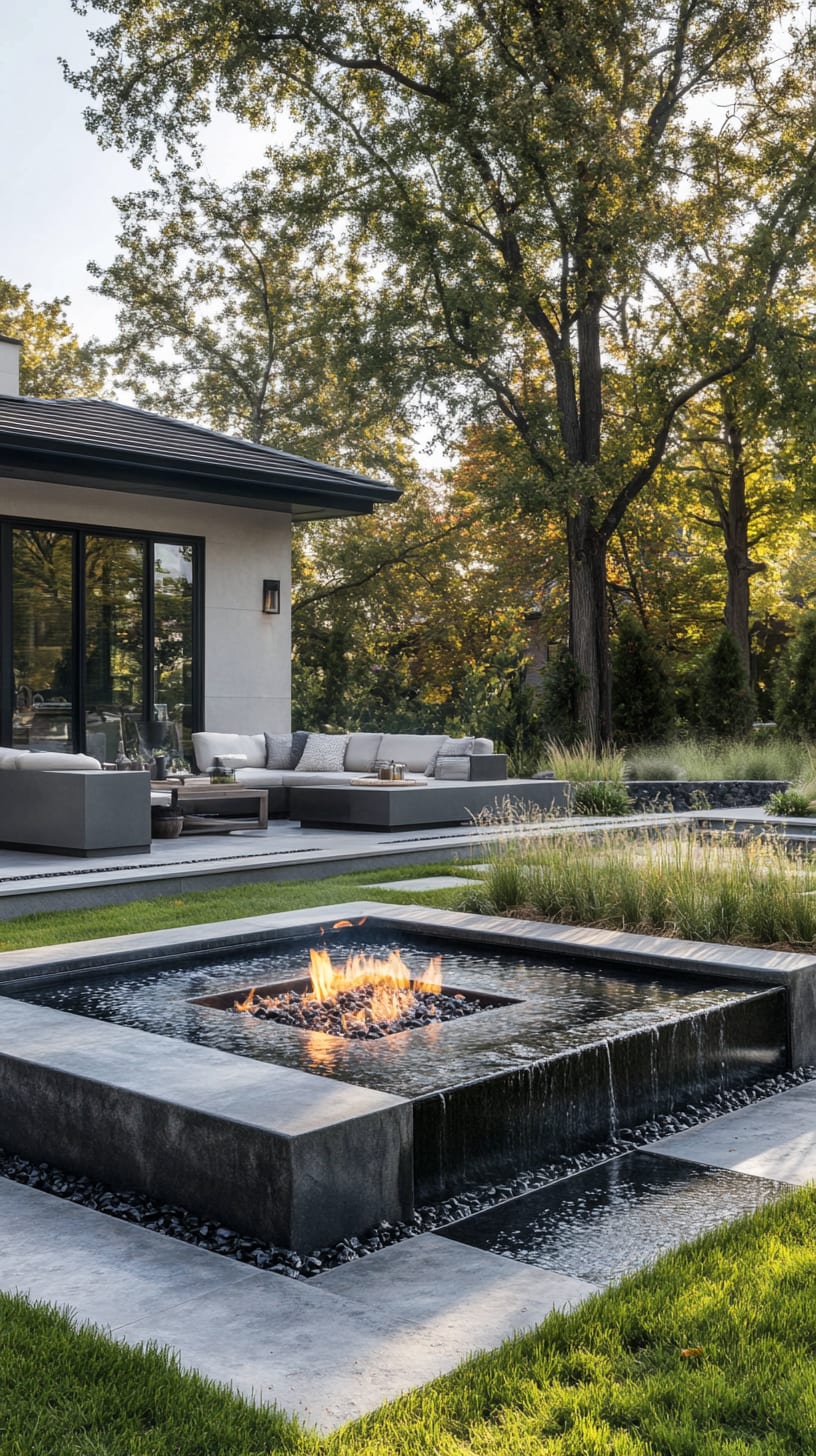 A modern outdoor living space featuring a sleek fire pit, elegant water feature, and comfortable seating surrounded by lush green grass and trees.