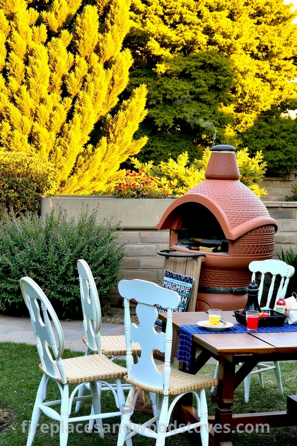 Bohemian clay outdoor barbecue in a sun-drenched garden surrounded by greenery, with smoke curling from the fire, mismatched chairs, and a rustic picnic table evoking cozy ideas for outdoor gatherings, inspired by the unique designs at fireplacesandwoodstoves.com.