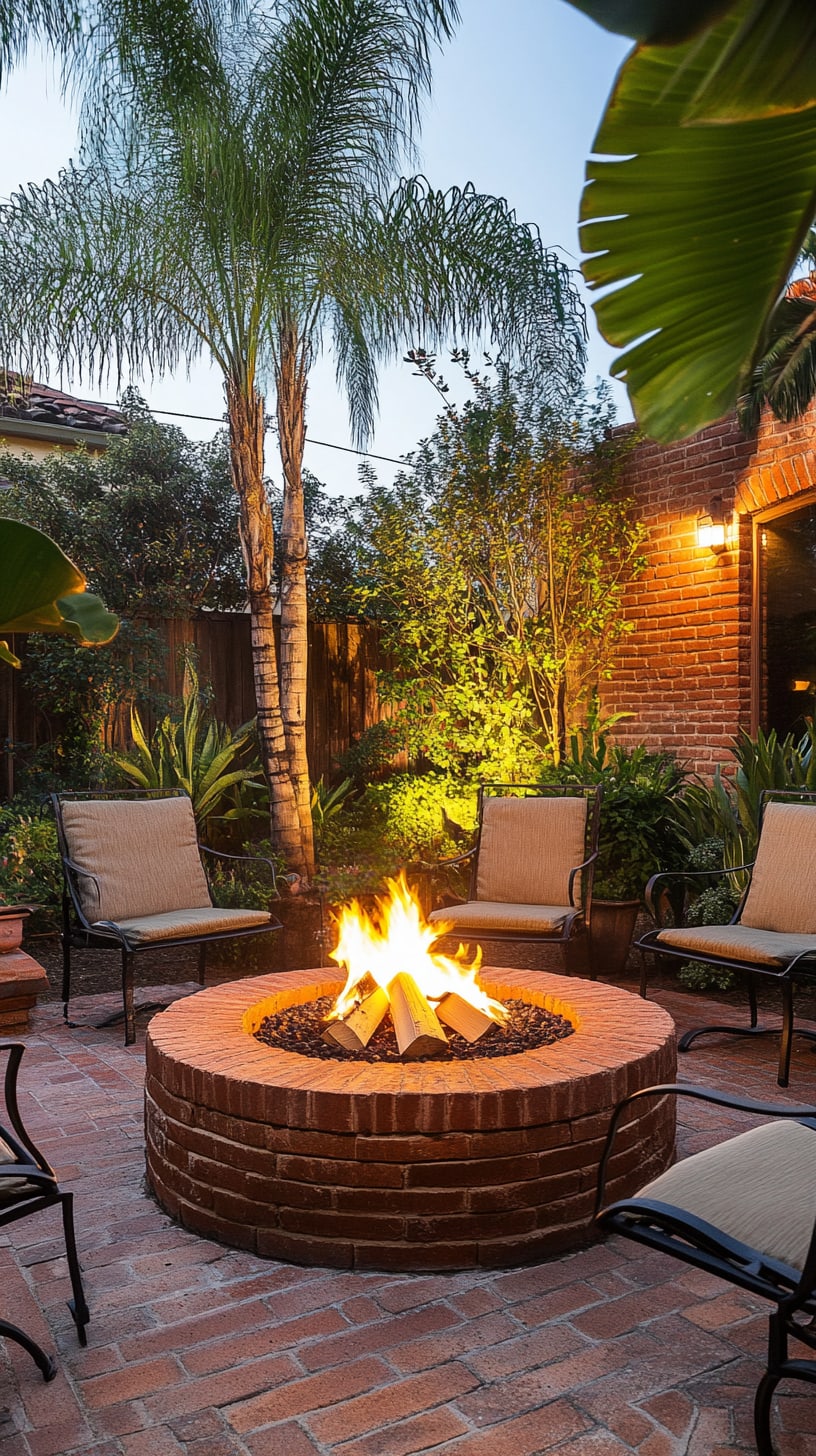 A cozy outdoor fire pit area featuring a round red brick fire pit, surrounded by comfortable chairs and lush green plants, illuminated by warm lights at night.