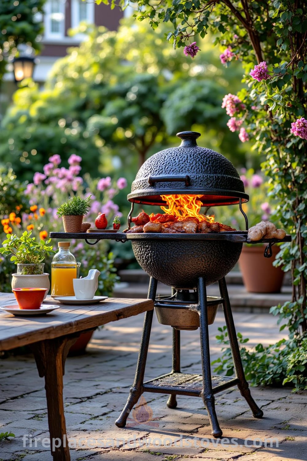 Wrought iron outdoor barbecue in a sun-drenched garden, surrounded by wooden picnic tables with colorful ceramic dishware and fresh herbs, featuring flickering flames and weathered stone, ideal for cozy gatherings and outdoor cooking inspirations showcased at fireplacesandwoodstoves.com.