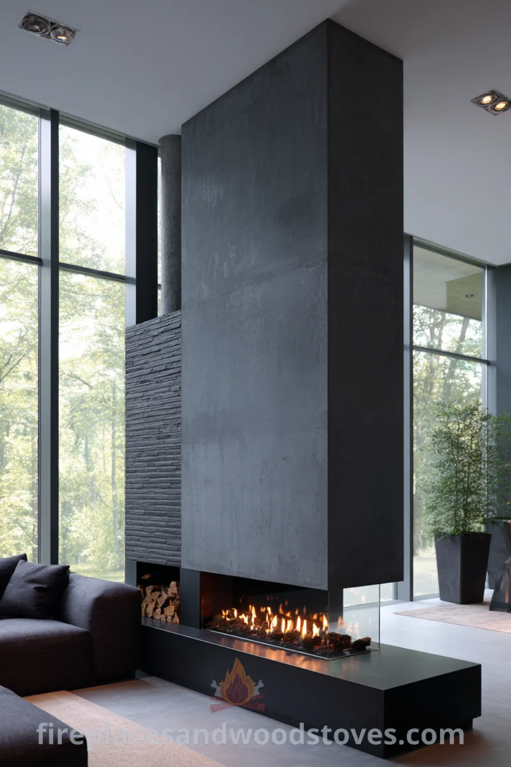 Stylish industrial fireplace on dark grey wall in open plan living space with minimalist decor and cozy warmth vibes.