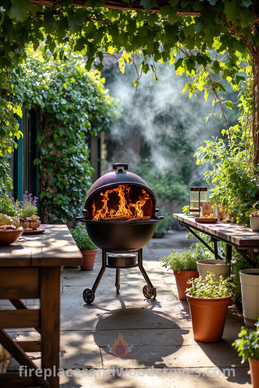 Rustic outdoor barbecue made of aged wrought iron in a sun-dappled garden with flickering flames, mismatched wooden tables, and vibrant herb pots, creating a cozy and inviting atmosphere, perfect for outdoor gatherings. Visit fireplacesandwoodstoves.com for unique design ideas and inspirations for your home.