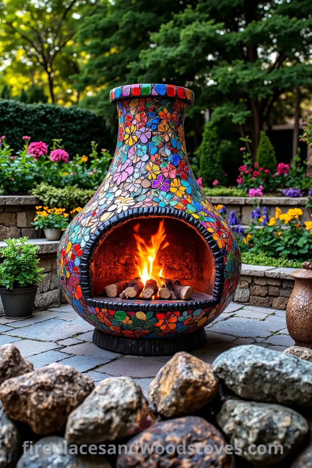 Bohemian mosaic firepit in a vibrant garden surrounded by greenery and colorful tiles reflecting flames, with rustic stone seating, creating a cozy and inviting atmosphere for gatherings. Discover inspiring decor ideas and designs for your home at fireplacesandwoodstoves.com.
