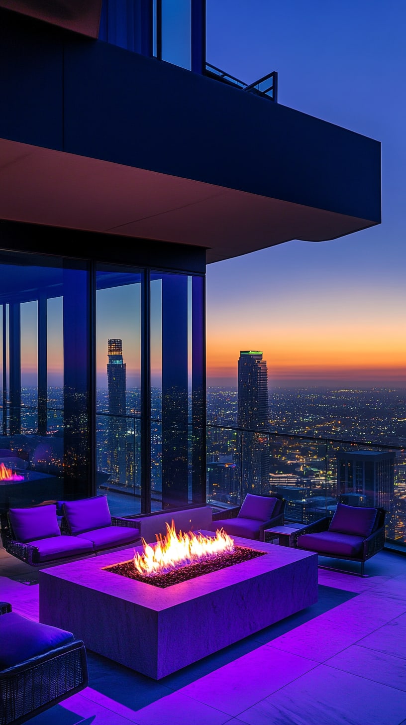 A luxurious penthouse terrace with purple neon lights, a large fire pit, and a city skyline view at dusk.