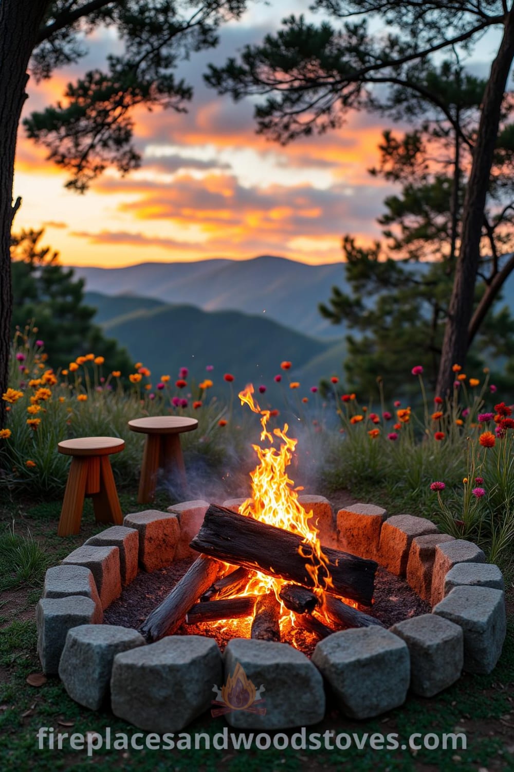 Cozy nomadic firepit surrounded by wildflowers on a grassy patch, featuring rustic wooden stools, crackling flames, and a vibrant sunset sky, creating an inviting atmosphere for gatherings. Visit fireplacesandwoodstoves.com for unique decor ideas and inspirations.