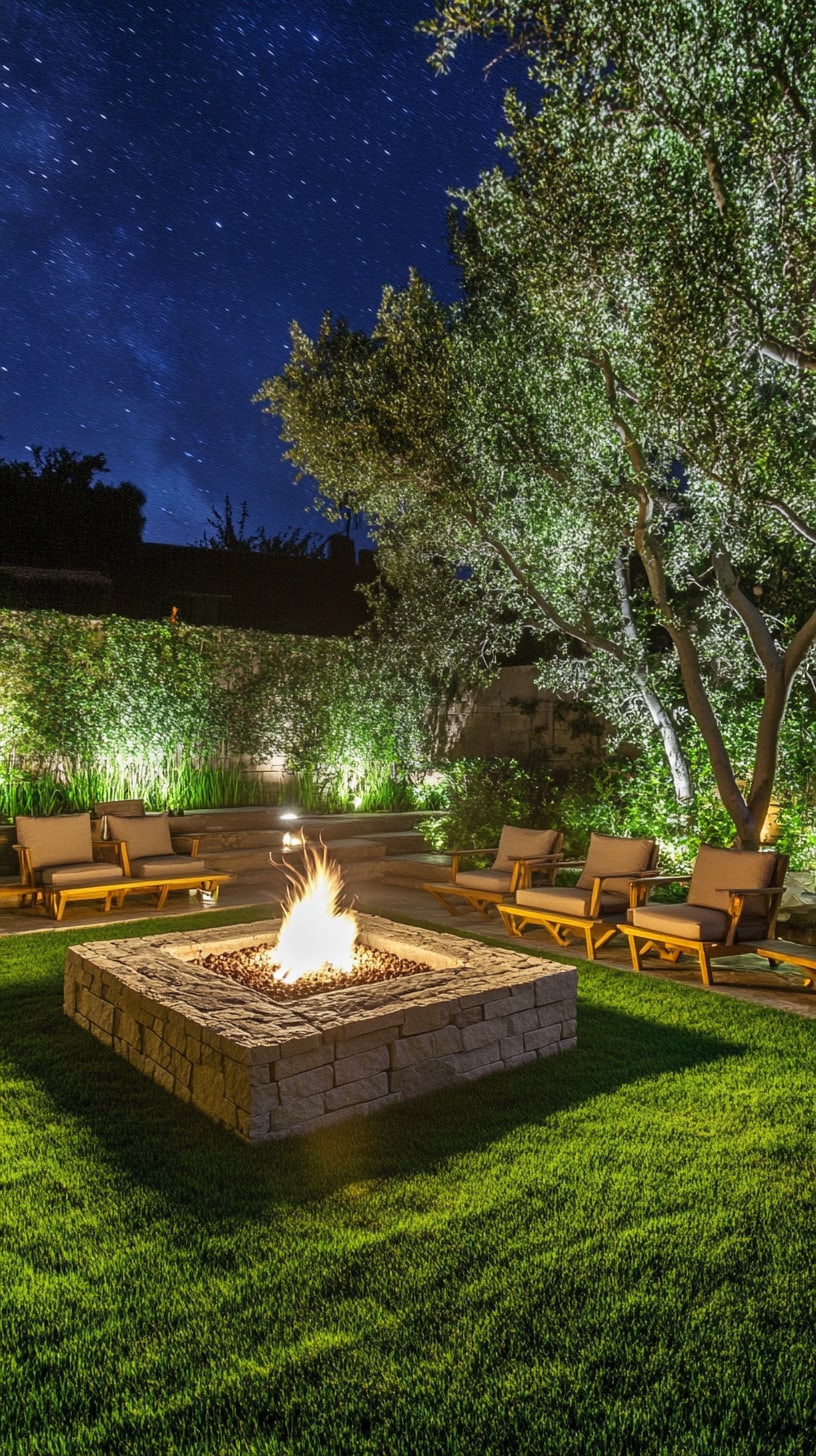 A cozy outdoor garden scene at night featuring a square fire pit surrounded by comfortable seating, illuminated by warm lights with lush green grass and olive trees in the background.