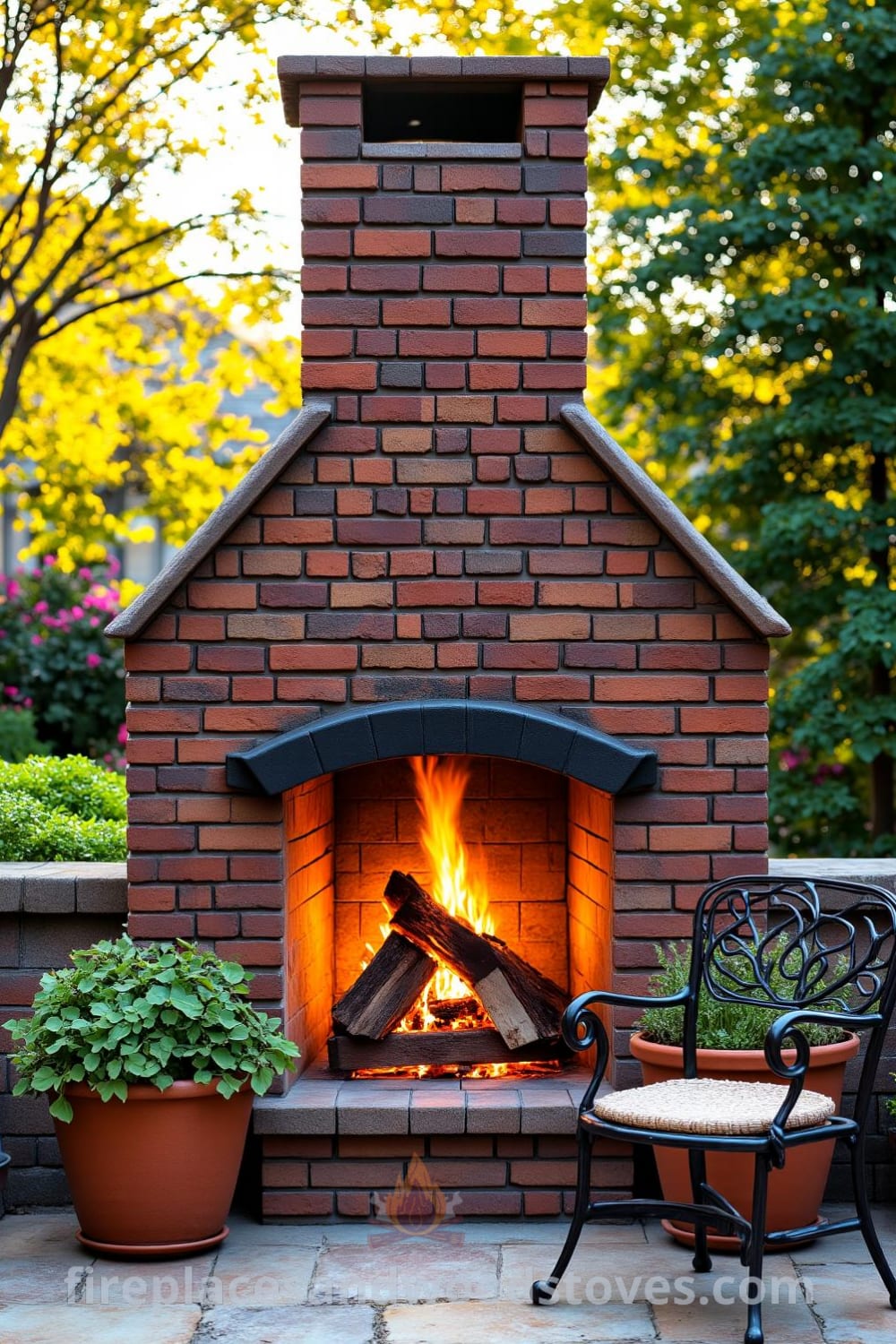 Tudor brick fireplace on a stone patio surrounded by wrought-iron furniture and herb pots, with a cozy fire crackling in the hearth, creating an inviting atmosphere for gatherings. Featuring design ideas and inspirations for your home, visit fireplacesandwoodstoves.com for unique cozy ideas.