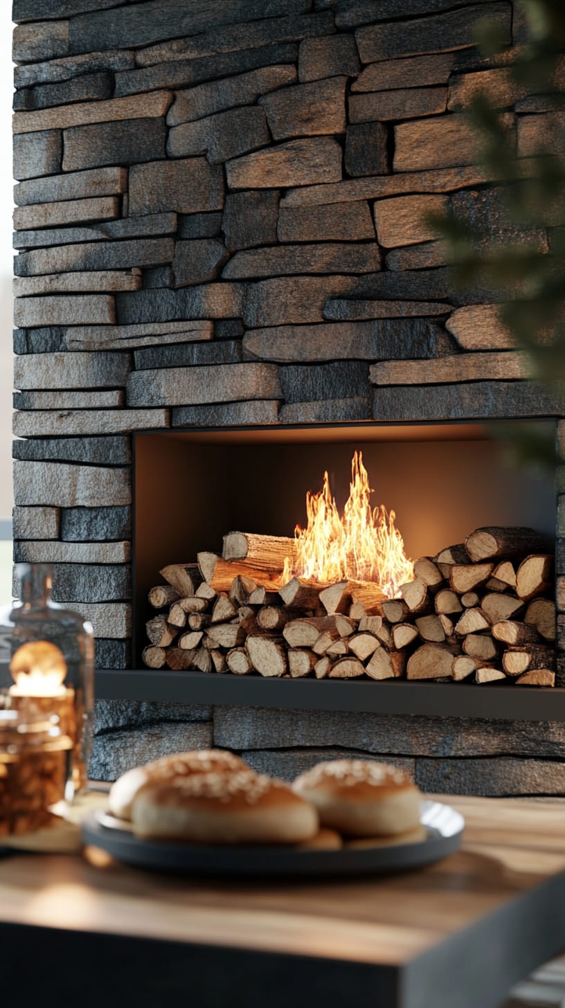 A modern fireplace with stacked firewood and a plate of pastries, set against a natural stone wall, creating a cozy and inviting living space.