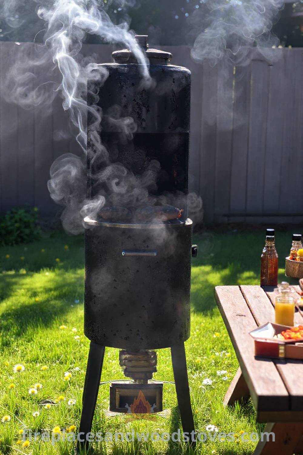 Tall vertical smoker barbecue in a sunlit backyard, surrounded by lush grass and dandelions, with a nearby picnic table of colorful condiments, creating a cozy outdoor dining atmosphere. Visit patioandhomefurniture.com for stylish outdoor ideas transforming your backyard.