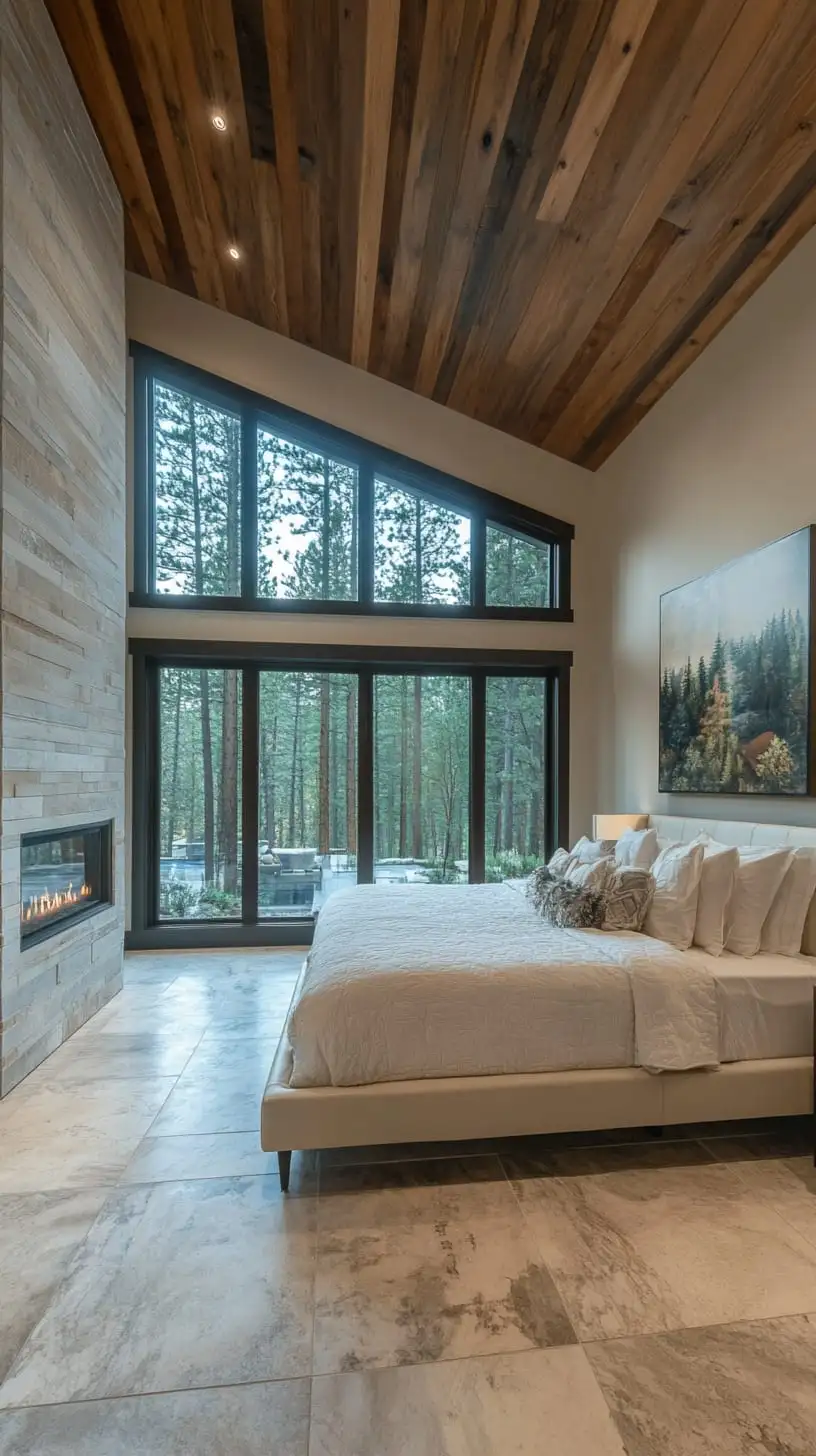 A luxurious master bedroom design with large windows showcasing forest views, featuring a warm wood ceiling, elegant marble flooring, a stylish fireplace, and calming decor.