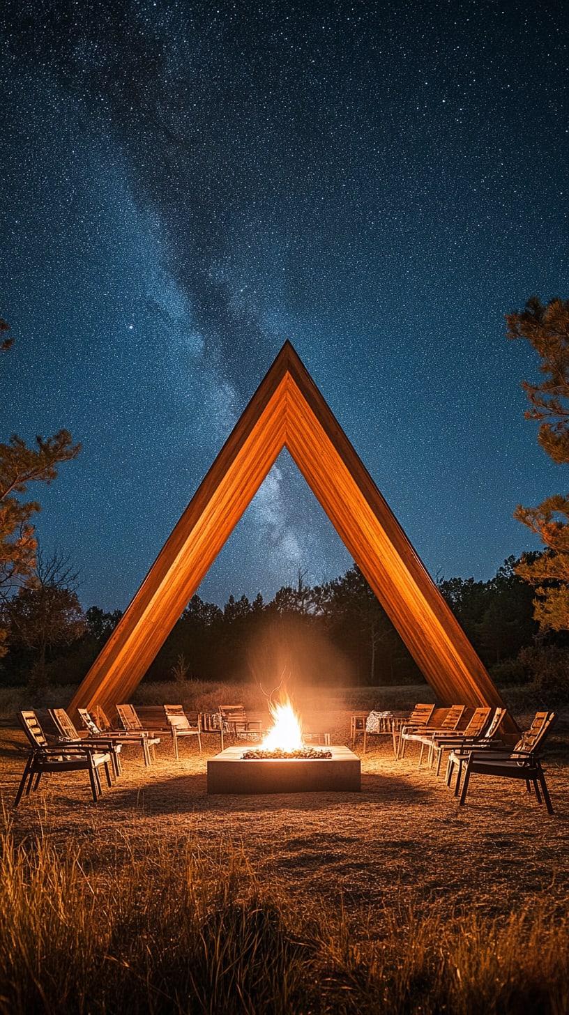 A triangular wooden frame with chairs arranged around a fire pit, set in an open field at night under a starry sky.