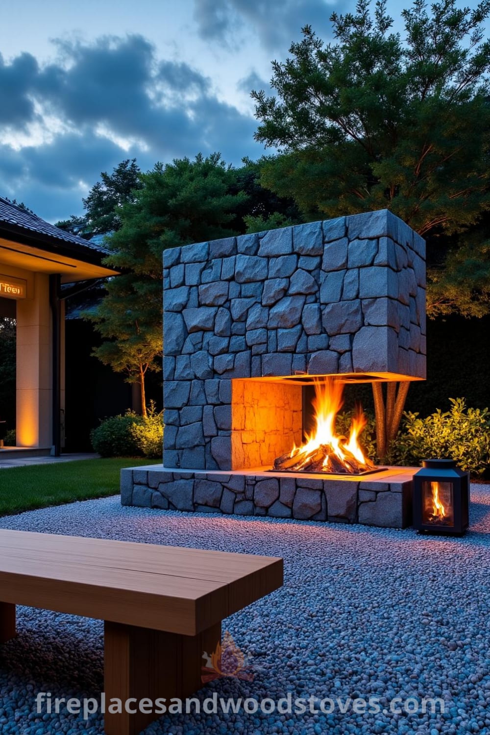 Japanese Zen outdoor fireplace made from rough-hewn stone surrounded by greenery, polished pebbles, and raked gravel in a tranquil garden setting, providing cozy home inspirations and unique design ideas for a peaceful ambiance at fireplacesandwoodstoves.com.