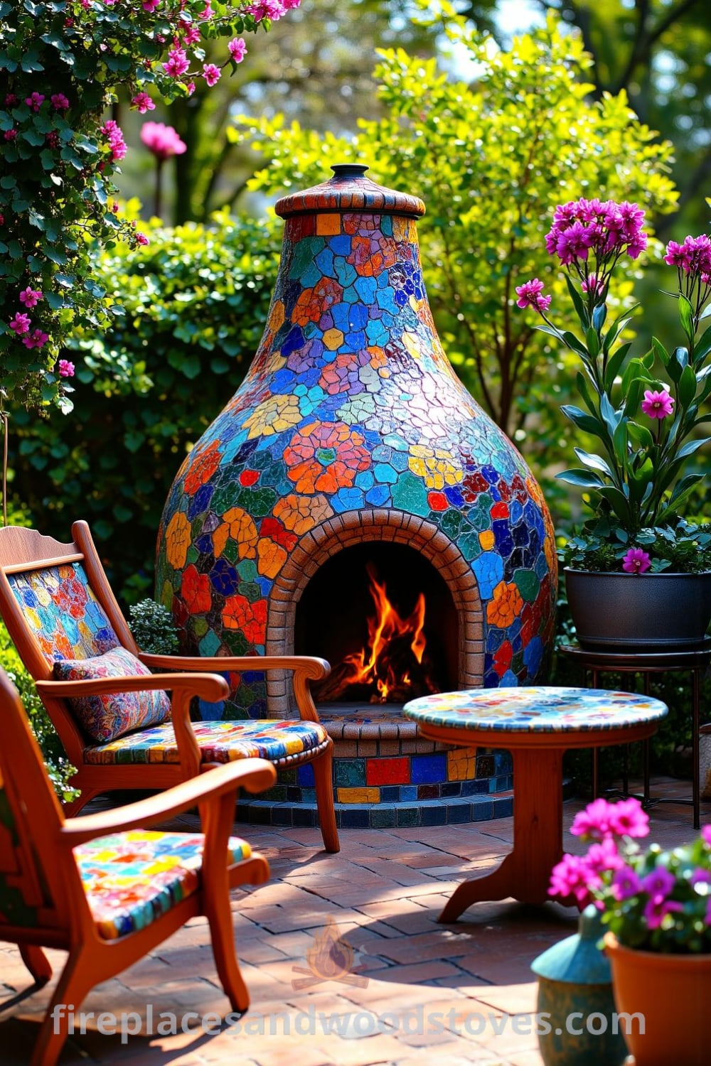 Bohemian mosaic firepit surrounded by lush greenery in a vibrant garden, featuring colorful tiles and warm flames, with mismatched lounge chairs and a mosaic table, creating a cozy outdoor retreat; ideas for your home can be found at fireplacesandwoodstoves.com.