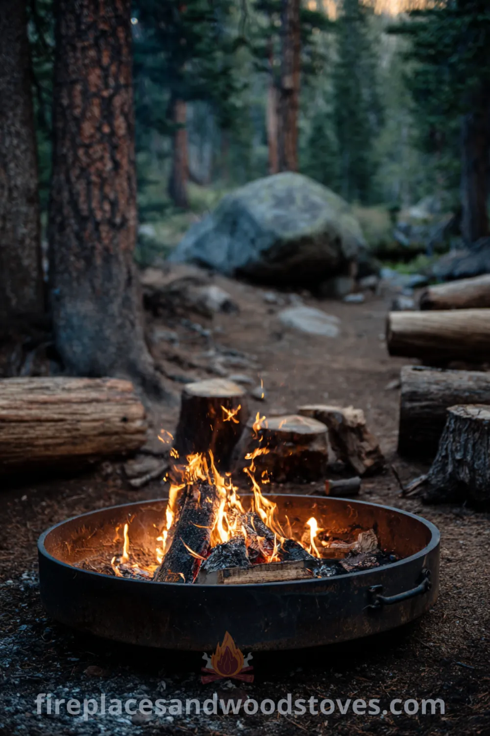 Wilderness fire pit surrounded by tree stumps, enhancing rustic charm with natural seating and cozy outdoor space.