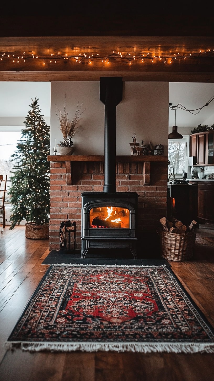 A cozy living room featuring a wood-burning stove, a Christmas tree adorned with lights, and a large rug, all set against brick walls, creating a warm and inviting atmosphere.
