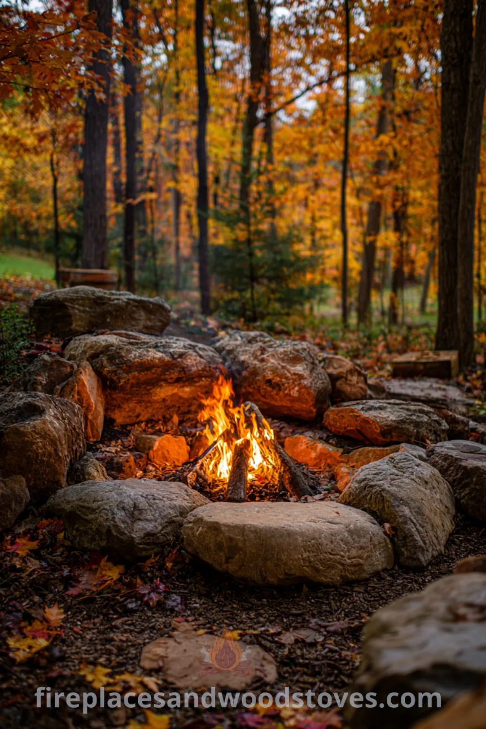 Rustic fire pit with vibrant autumn leaves, natural stone elements, and cozy outdoor space for gatherings.