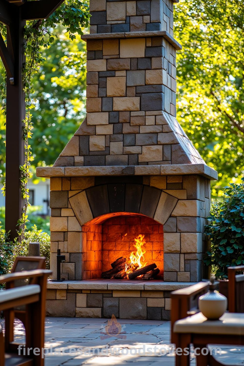 Rustic stone outdoor fireplace on a sun-dappled patio surrounded by wooden furniture, with warm flames flickering, creating a cozy ambiance for gatherings. For more cozy ideas, visit fireplacesandwoodstoves.com.