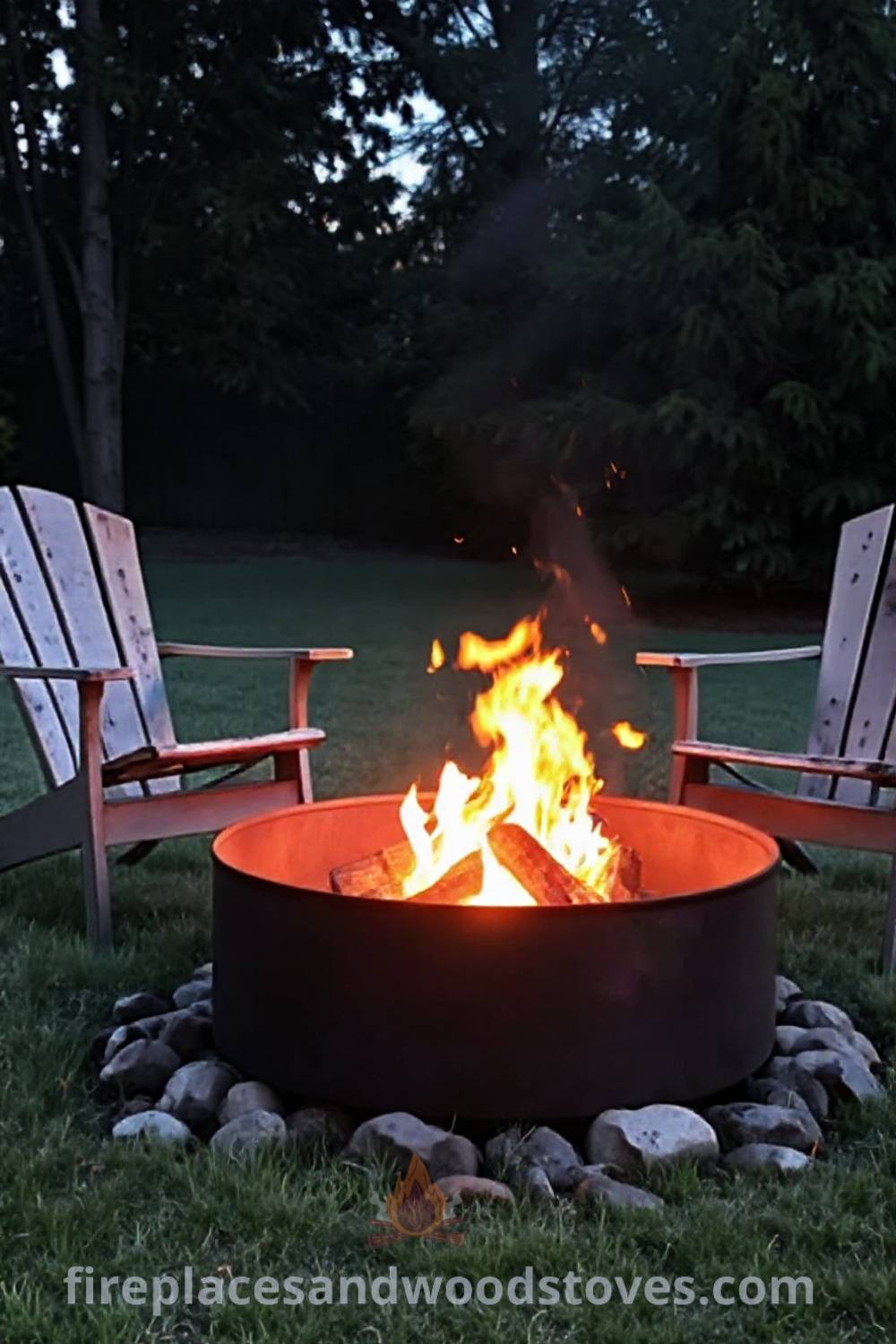 A cozy backyard scene featuring a wood-burning metal fire pit surrounded by sun-faded chairs and scattered rocks, creating a warm glow and inviting atmosphere perfect for gatherings. Visit patioandhomefurniture.com for stylish outdoor designs transforming your backyard into an incredible space.