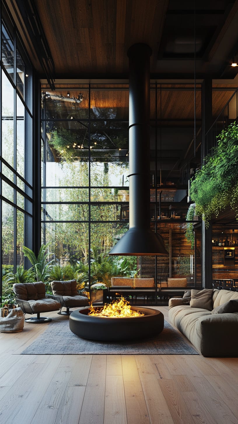 A modern living room featuring a black steel fireplace, large windows overlooking greenery, a circular fire pit, and industrial-style furniture, all creating a warm and inviting atmosphere.