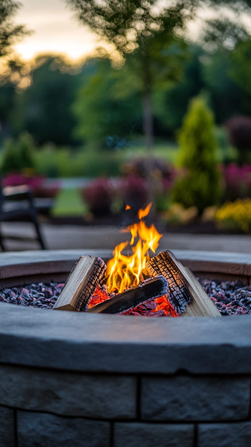 A warm outdoor scene featuring a fire pit surrounded by seating and beautiful garden elements, with dancing flames and a soft, inviting ambiance.
