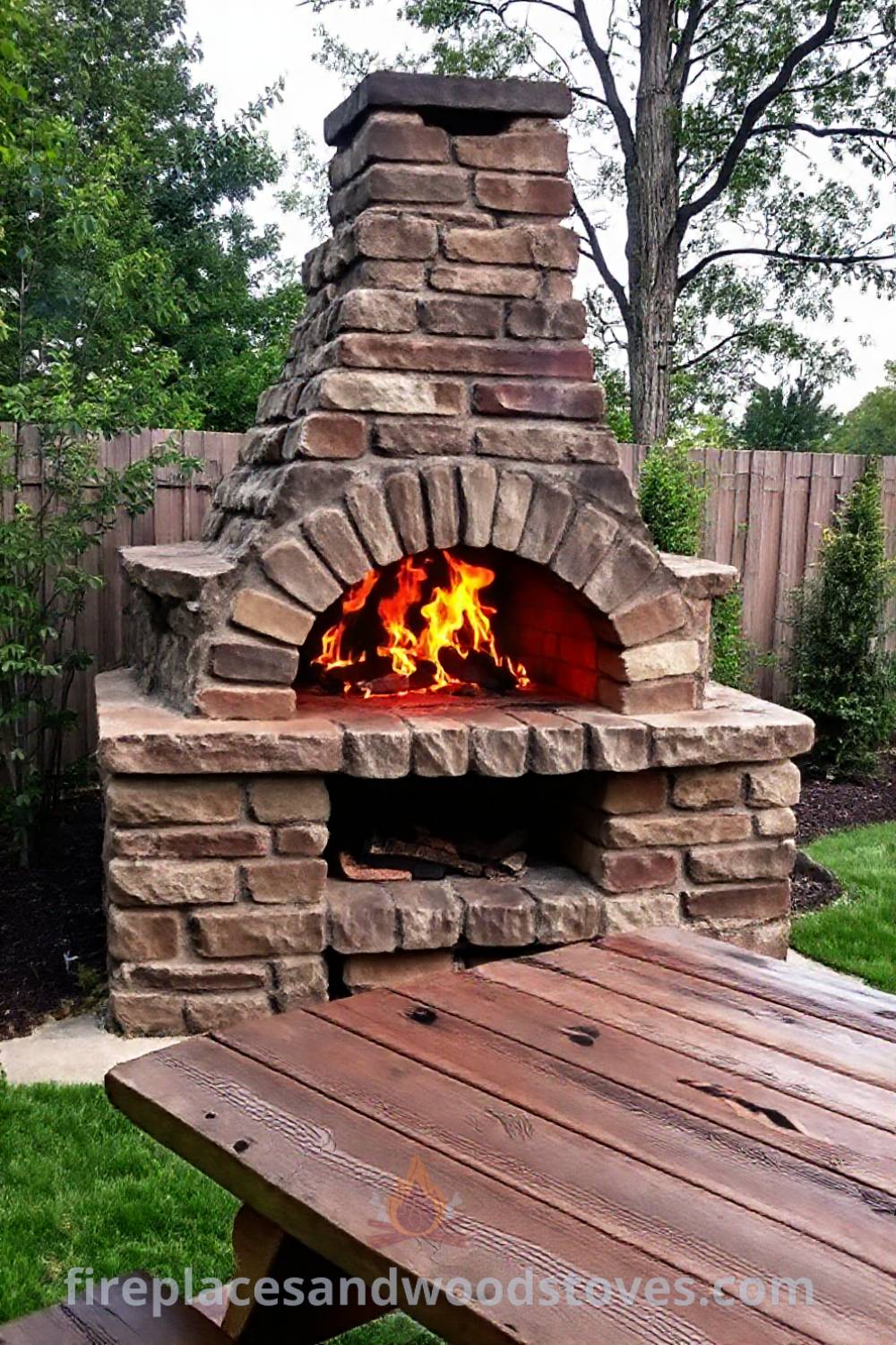 Sturdy stone BBQ oven in a well-kept backyard, surrounded by greenery and a wooden picnic table, creating a cozy atmosphere perfect for summer gatherings. Visit patioandhomefurniture.com for stylish outdoor design ideas that will wow your guests.