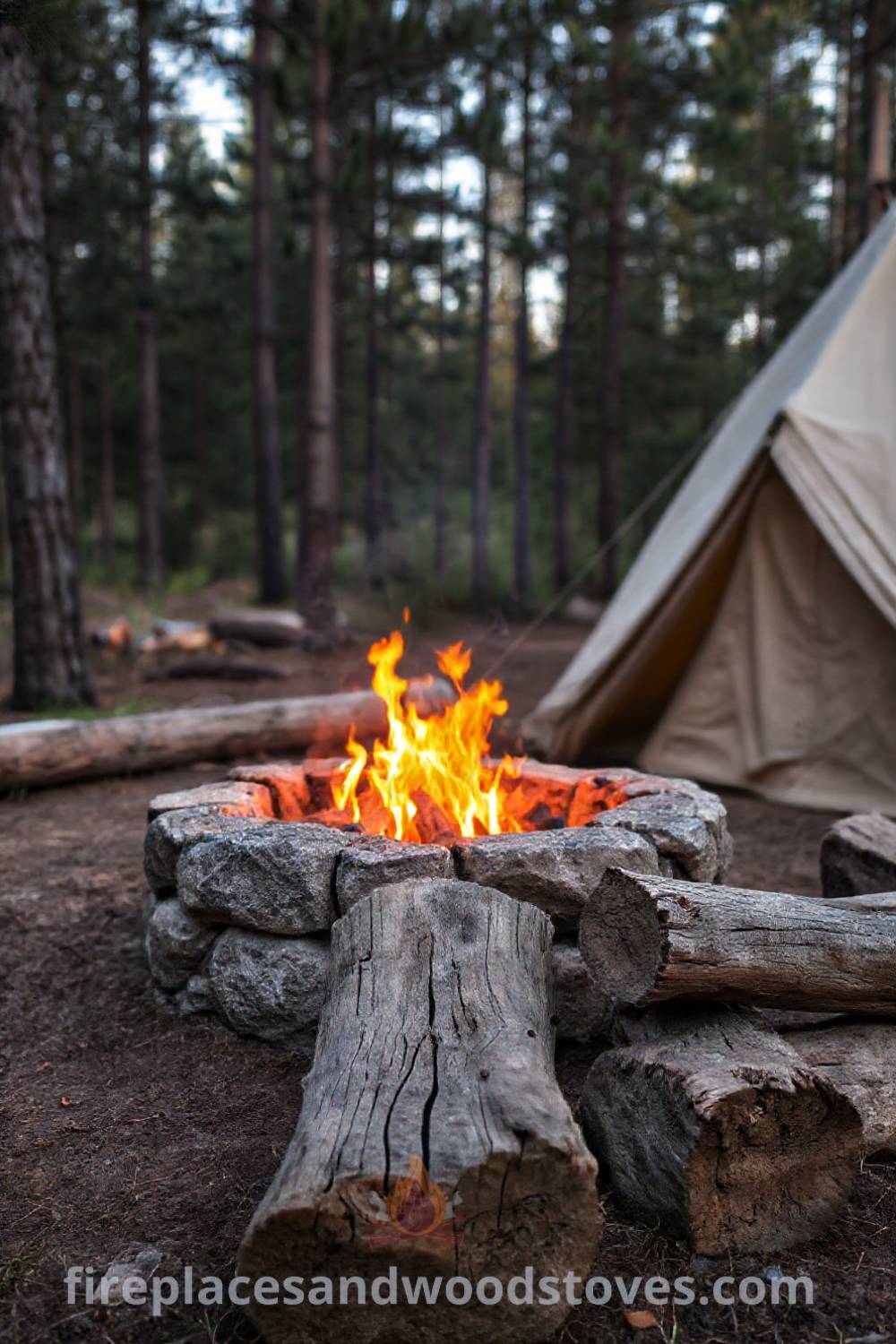 Camping fire pit nestled among tall pines with flickering flames, worn wooden logs for seating, and a cozy canvas tent, creating a perfect outdoor atmosphere for gathering and storytelling. Visit patioandhomefurniture.com for incredible ideas that will wow your guests.