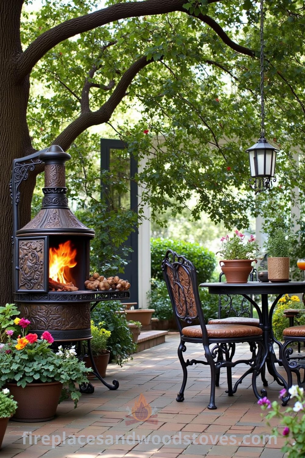 Victorian wrought iron outdoor barbecue in a quaint garden, featuring intricate scrollwork, lively flames in the hearth, mismatched chairs under a gnarled oak, surrounded by colorful flowers and herbs, creating cozy ideas for gatherings and outdoor decor inspirations showcased on fireplacesandwoodstoves.com.