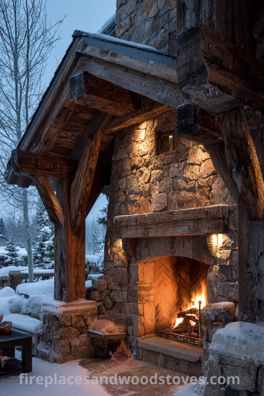 Rustic outdoor fireplace with large chimney, thick timber beams, and built-in log storage in a snowy environment.