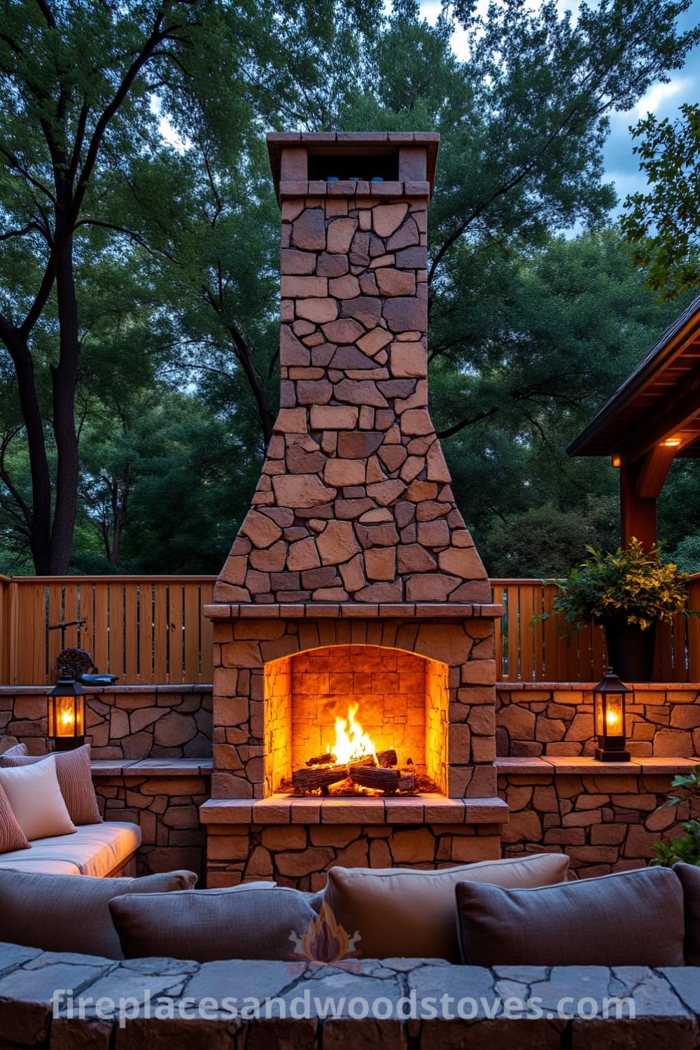 Cozy sunken patio featuring an outdoor fireplace surrounded by rough stone with warm flames flickering, plush seating, and a serene atmosphere perfect for gatherings under the stars. Visit fireplacesandwoodstoves.com for more cozy home design ideas and inspirations.