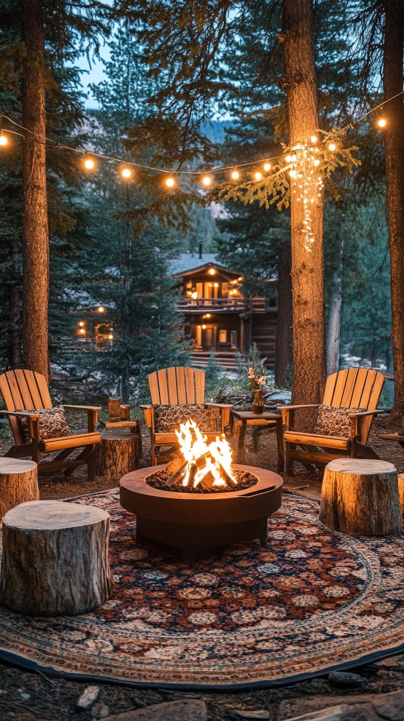A cozy outdoor setting featuring a rustic fire pit surrounded by wooden chairs, string lights in the trees, and a large round rug, set against a backdrop of tall trees and a mountain cabin at night.