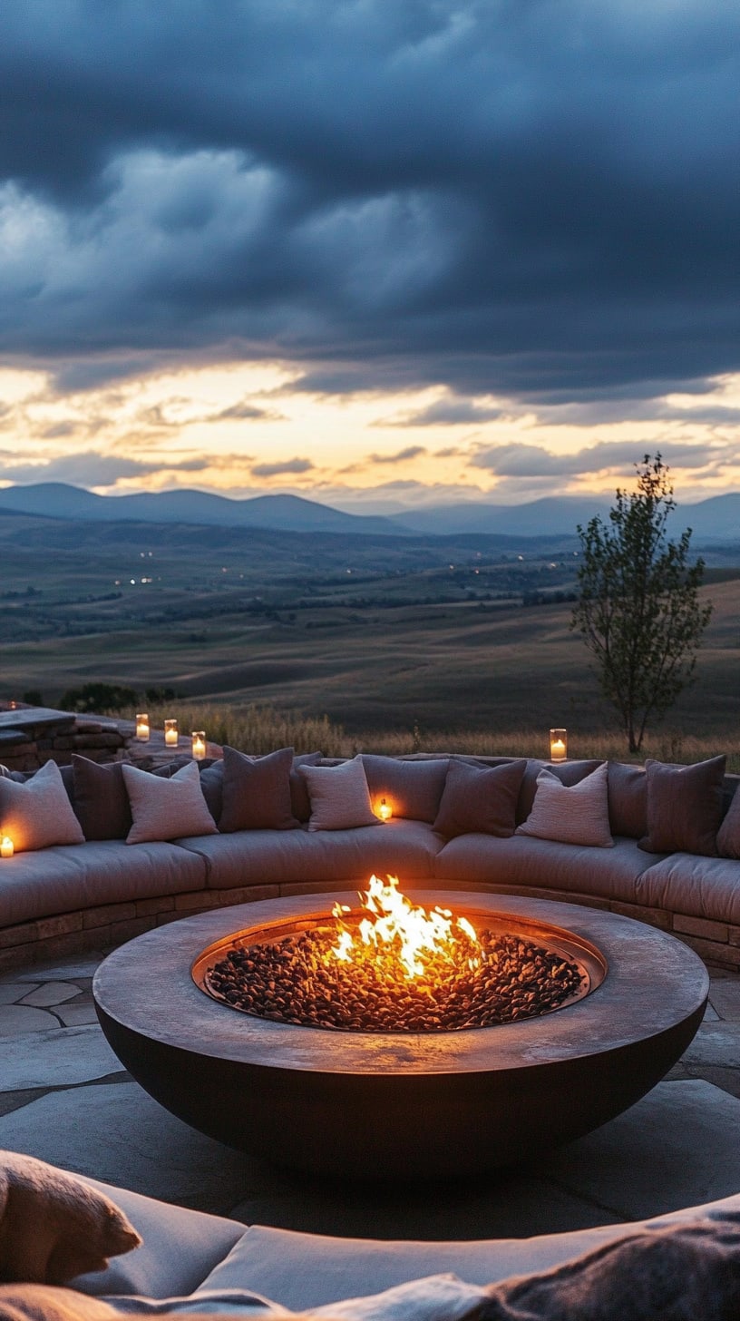 An outdoor seating area with a circular fire pit surrounded by cushions, set against a twilight sky with soft candlelight illuminating the scene.