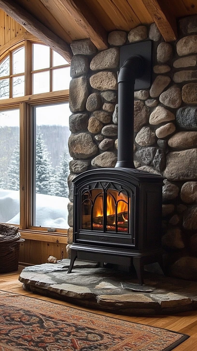 A cozy cabin scene featuring a stone wood stove and fireplace, surrounded by wooden walls and large windows overlooking a snowy forest.