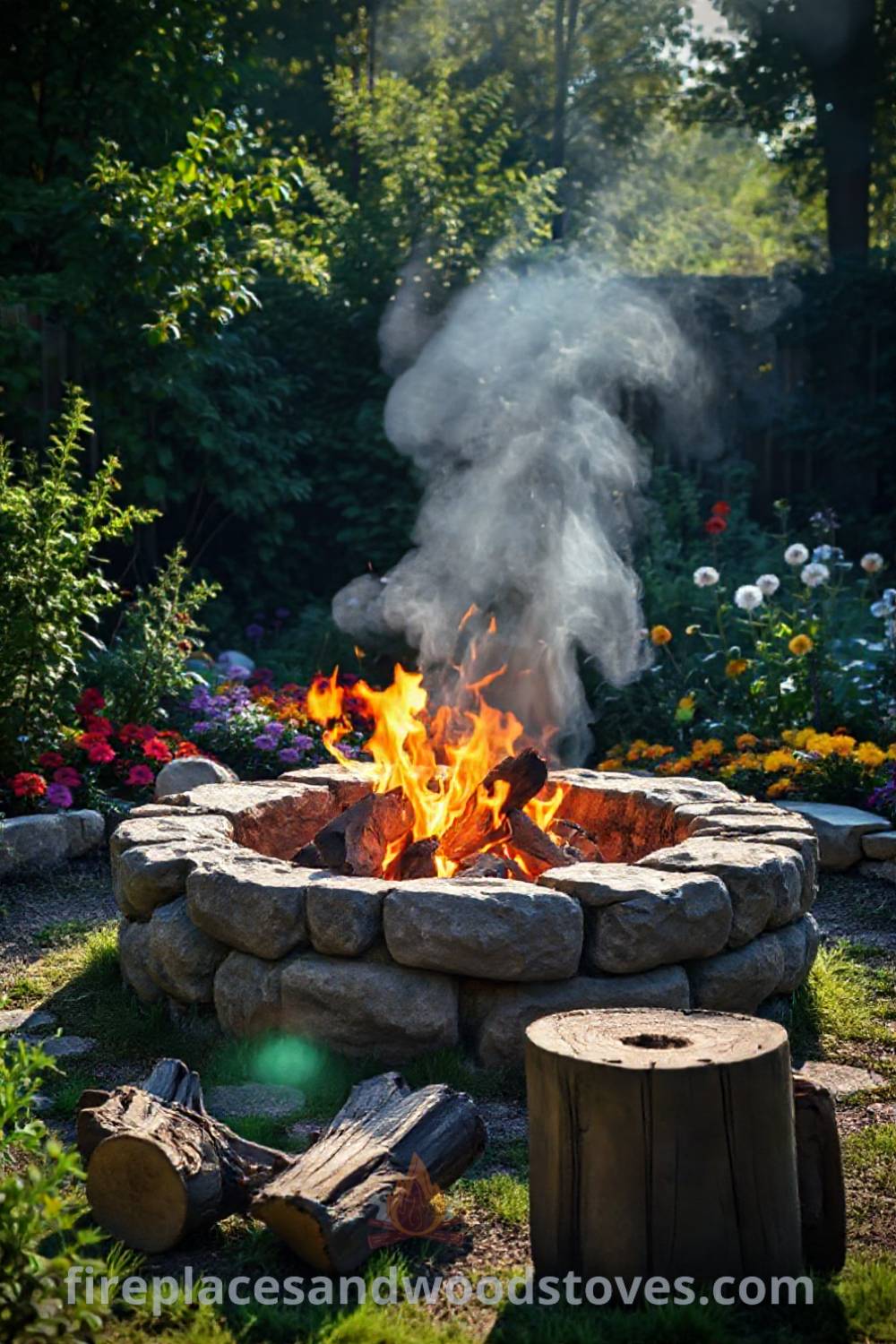 Stone fire pit surrounded by lush greenery and vibrant flowerbeds, illuminated by warm flames, creating a cozy gathering spot for friends and family, perfect for outdoor evenings. Visit patioandhomefurniture.com for stylish outdoor design ideas that will wow your guests.