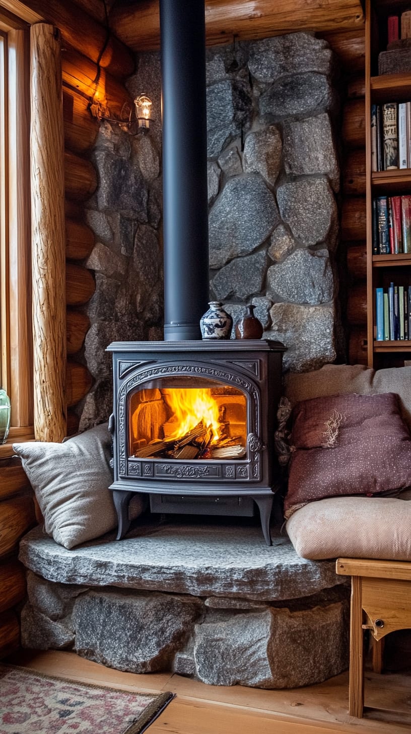 A cozy wood stove in a log cabin surrounded by pillows and a warm fire, creating an inviting winter atmosphere.