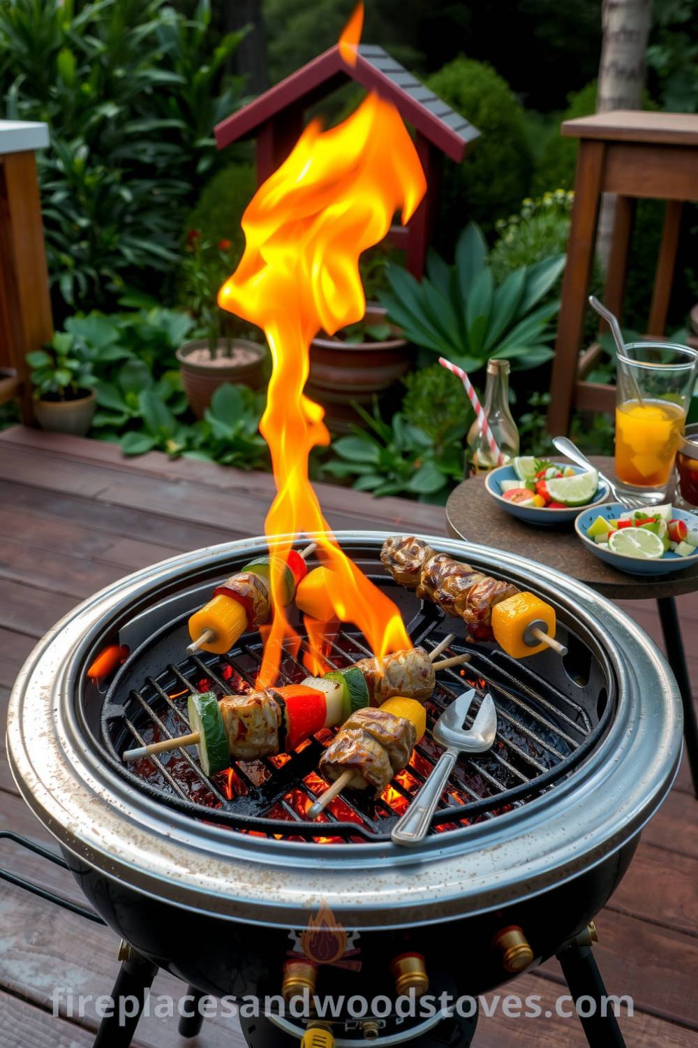 Cozy summer barbecue on a wooden deck featuring a worn grill with sizzling skewers of vegetables, alongside a vibrant table filled with salads and drinks, capturing the essence of family gatherings and warm evenings, as seen on fireplacesandwoodstoves.com.