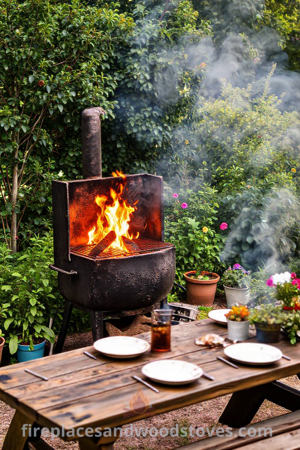 Sturdy wood-fired barbecue against a lush garden backdrop with a cozy picnic table set with mismatched plates and surrounded by greenery and flowerpots, creating an inviting outdoor space for summer gatherings. Visit patioandhomefurniture.com for stylish outdoor design ideas you’ll love.