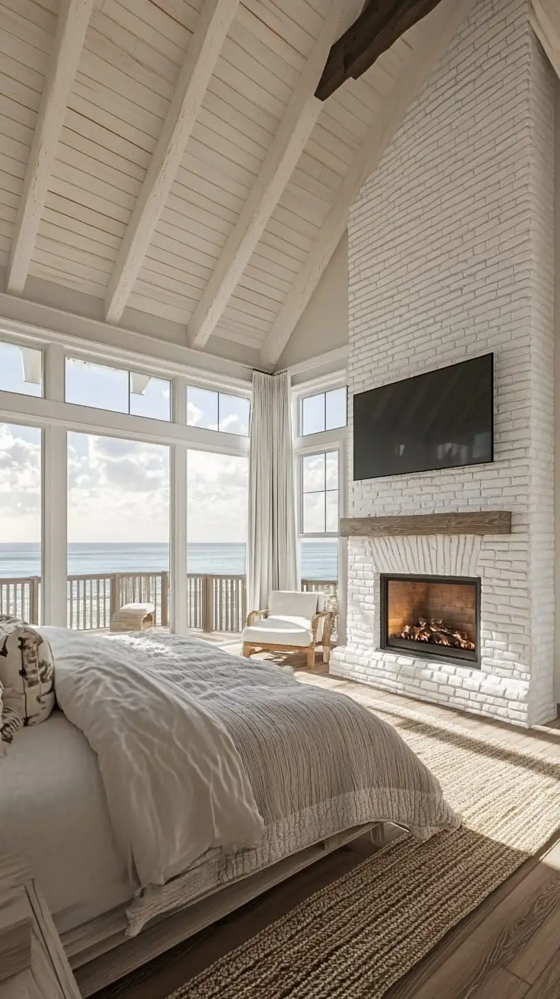A serene bedroom with a white brick fireplace, large ocean-view windows, light wood floors, and modern farmhouse-style decor.