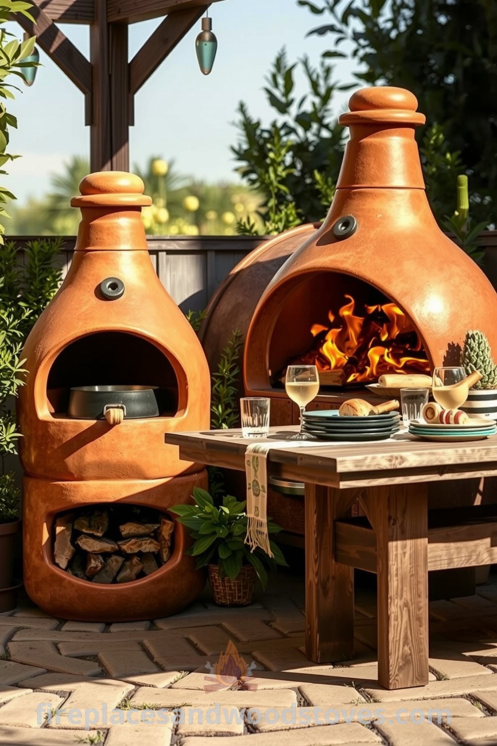 Bohemian clay outdoor barbecue on a sun-drenched patio, surrounded by vibrant greenery, rustic wooden table with mismatched plates and glasses, and slightly charred bricks that tell stories of shared moments, offering cozy ideas for your home at fireplacesandwoodstoves.com.