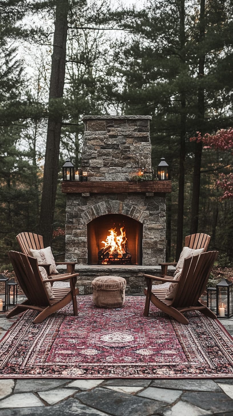 An inviting outdoor fireplace surrounded by wooden chairs, a vintage Persian rug, and softly lit candles, set within a serene forest.