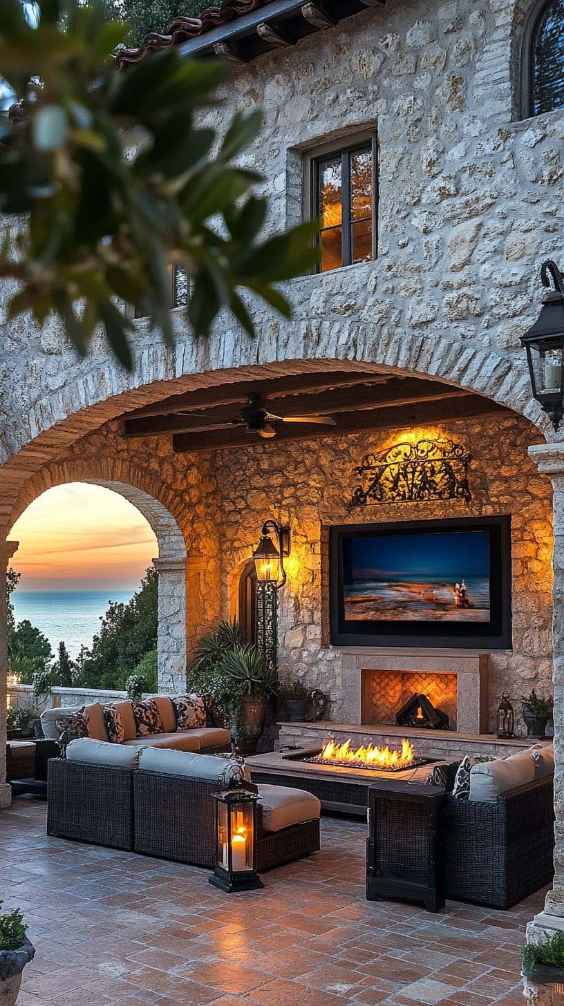 A stunning outdoor living area featuring rustic stone arches, a cozy fire pit, comfortable seating, and a large flat-screen TV, all set against a backdrop of twilight at an Italian villa.