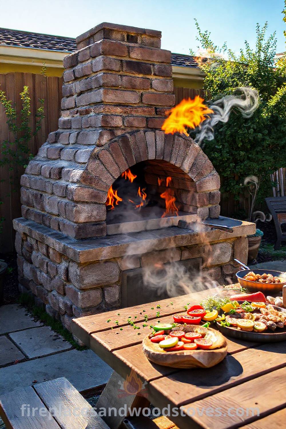 Sturdy stone BBQ oven in a sun-drenched backyard with vibrant flames, fresh herbs, and a wooden picnic table, creating a cozy and inviting outdoor dining atmosphere. Visit patioandhomefurniture.com for stylish design ideas transforming your backyard into a charming oasis.