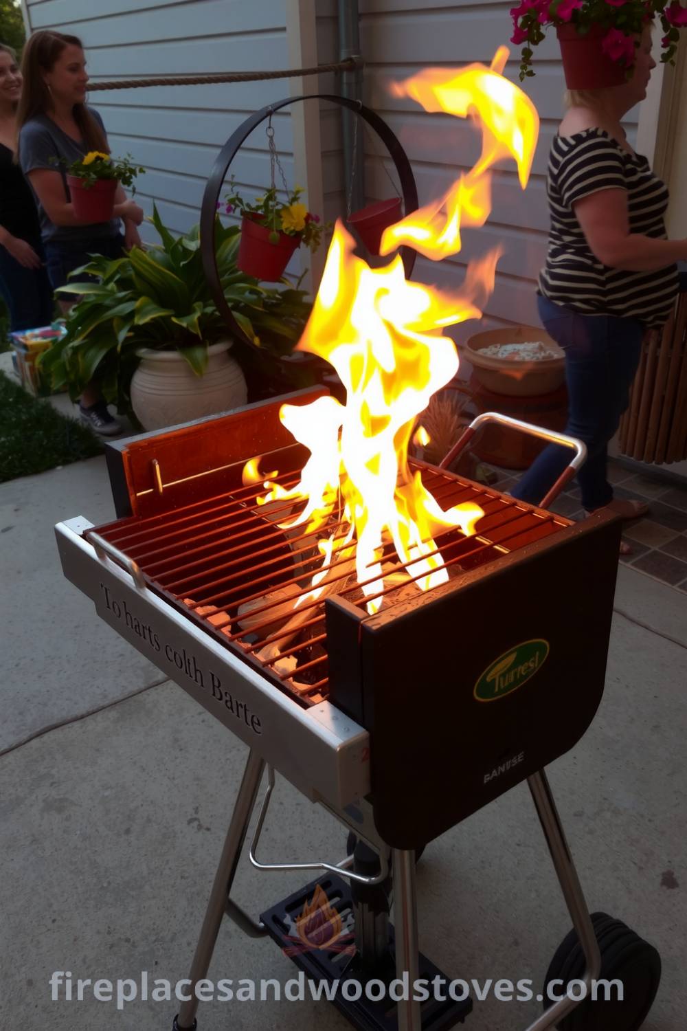 Sturdy barbecue grill on a concrete patio with flickering flames, surrounded by colorful hanging flower pots, creating a cozy atmosphere for gatherings, perfect for inspiring decor ideas on fireplacesandwoodstoves.com.