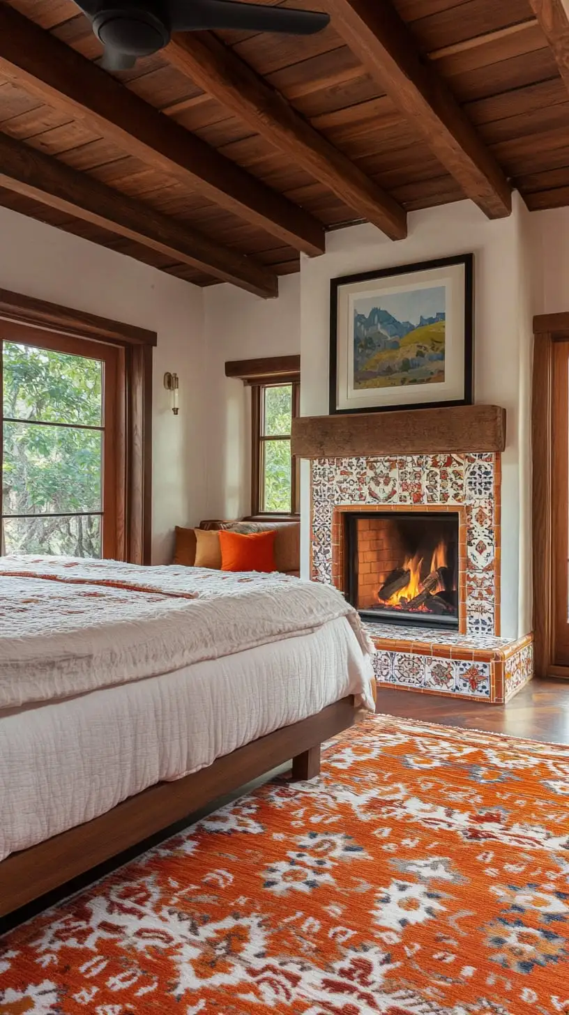 A cozy Spanish-style master bedroom featuring warm wooden beams, colorful tiles, and an orange rug, with sunlight streaming in and a view of nature outside.